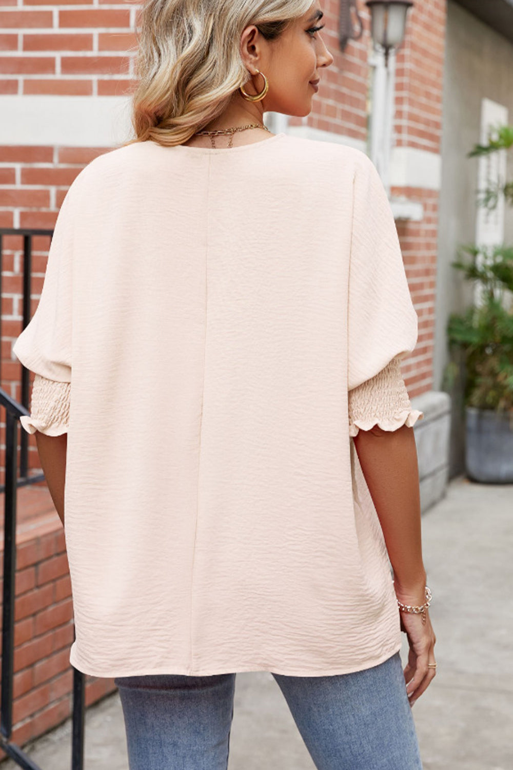 round neck smocked lantern sleeve blouse