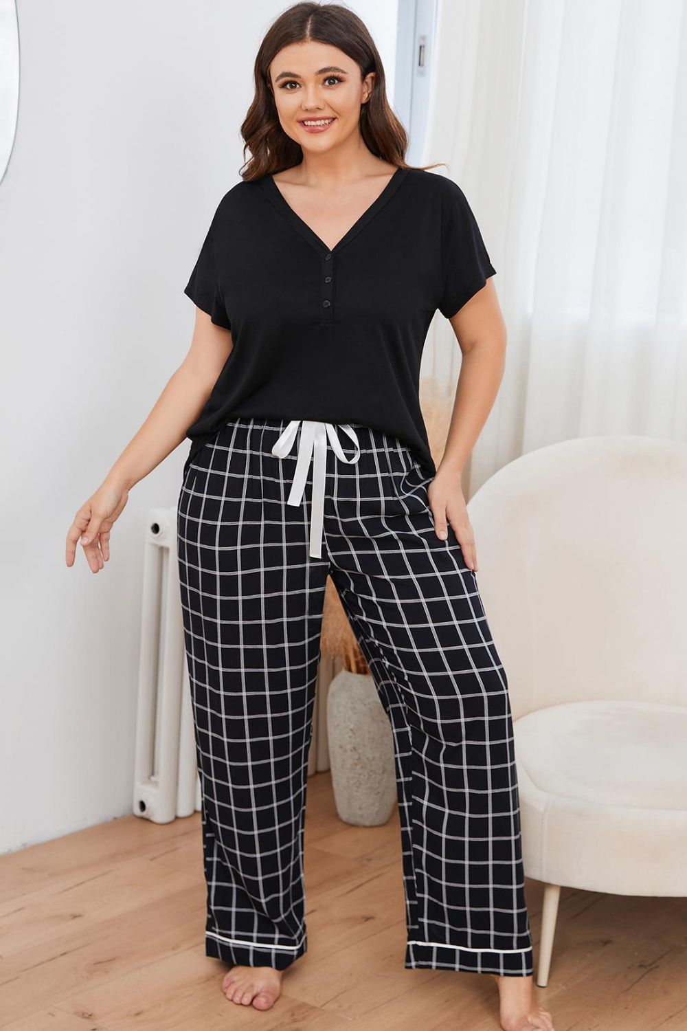 plus size v-neck top and plaid pants lounge set