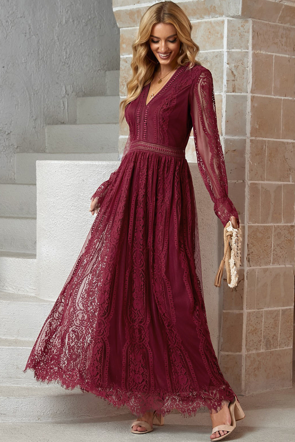 scalloped hem flounce sleeve lace v-neck maxi dress