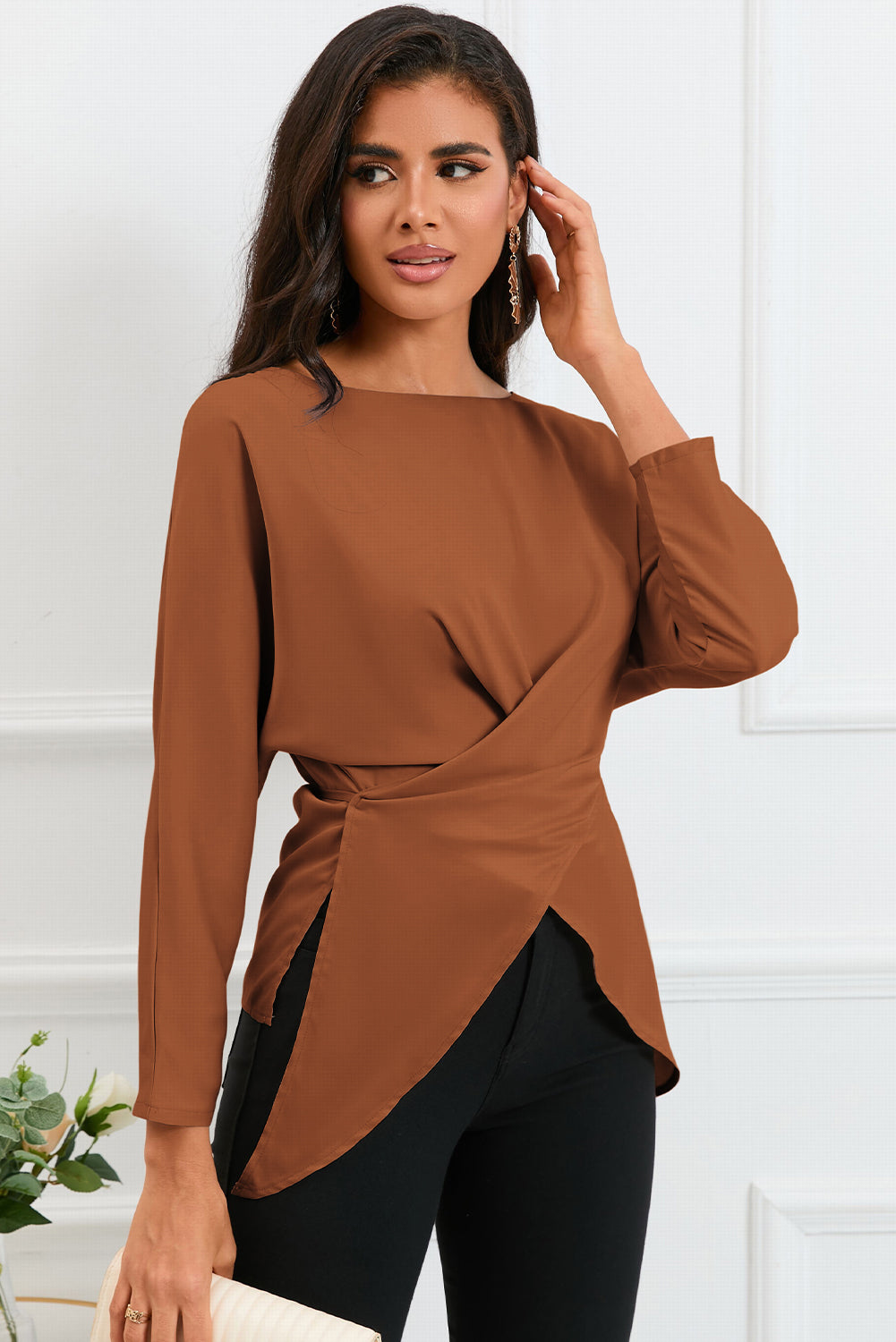 boat neck back tie long sleeve satin blouse
