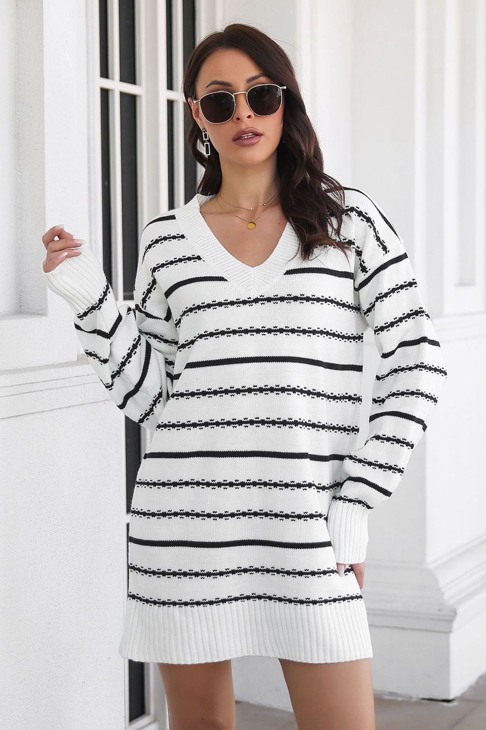 striped v-neck sweater dress