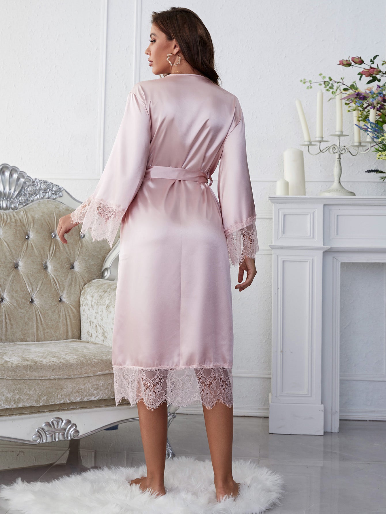 scalloped trim tie-waist spliced lace robe