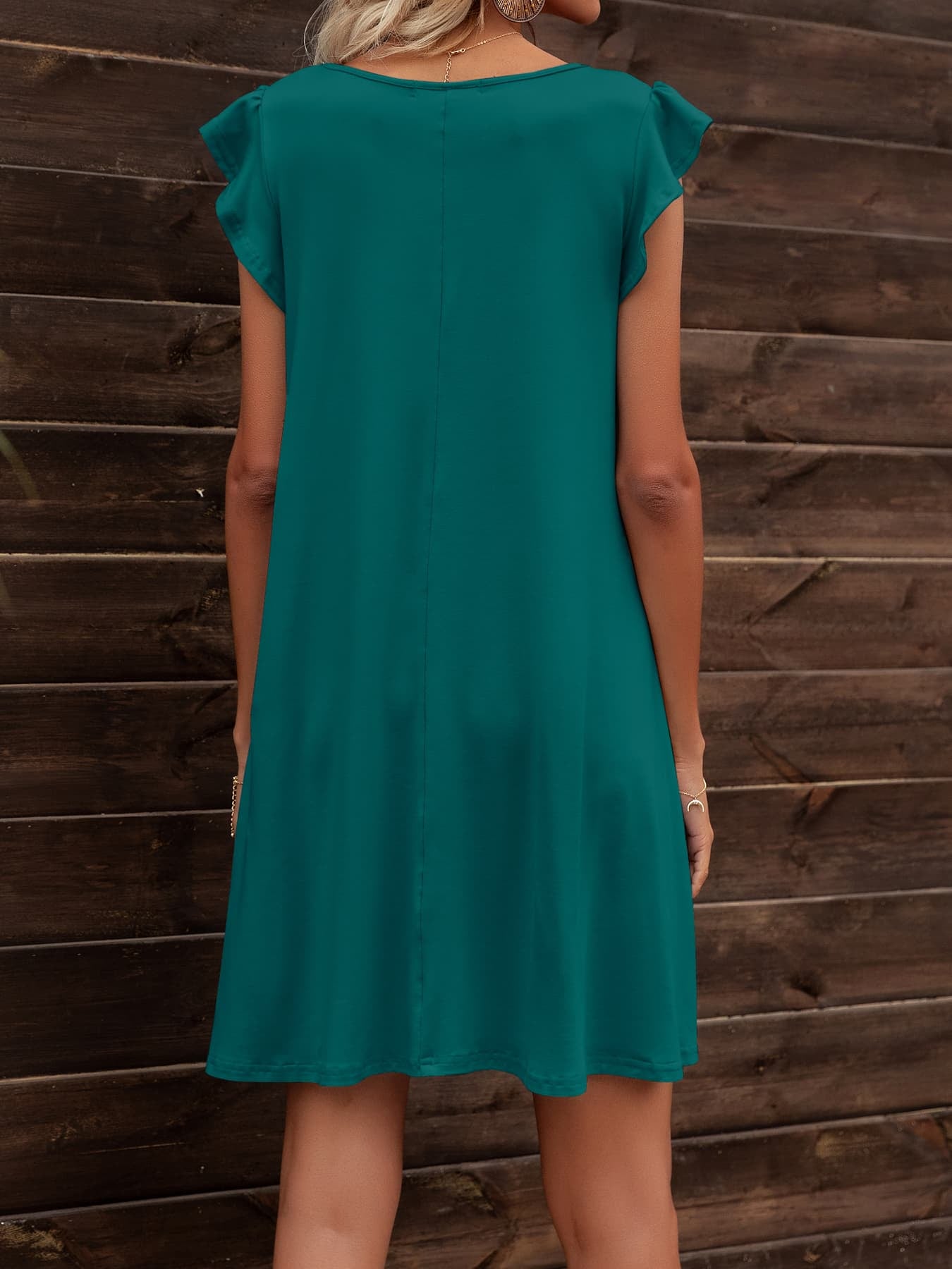 round neck flutter sleeve dress with pockets