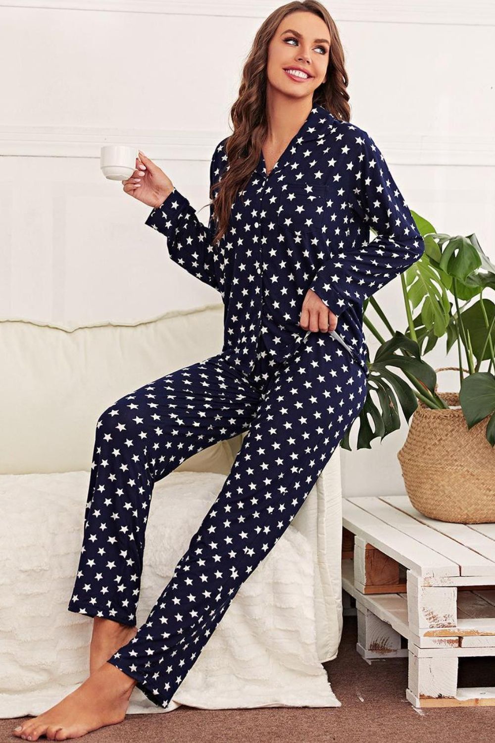 star print button-up shirt and pants lounge set