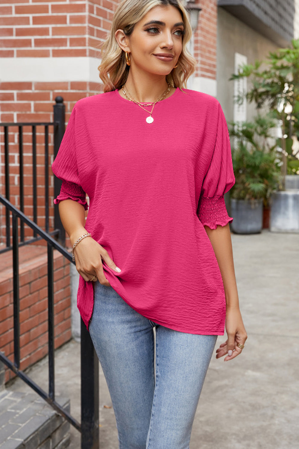 round neck smocked lantern sleeve blouse