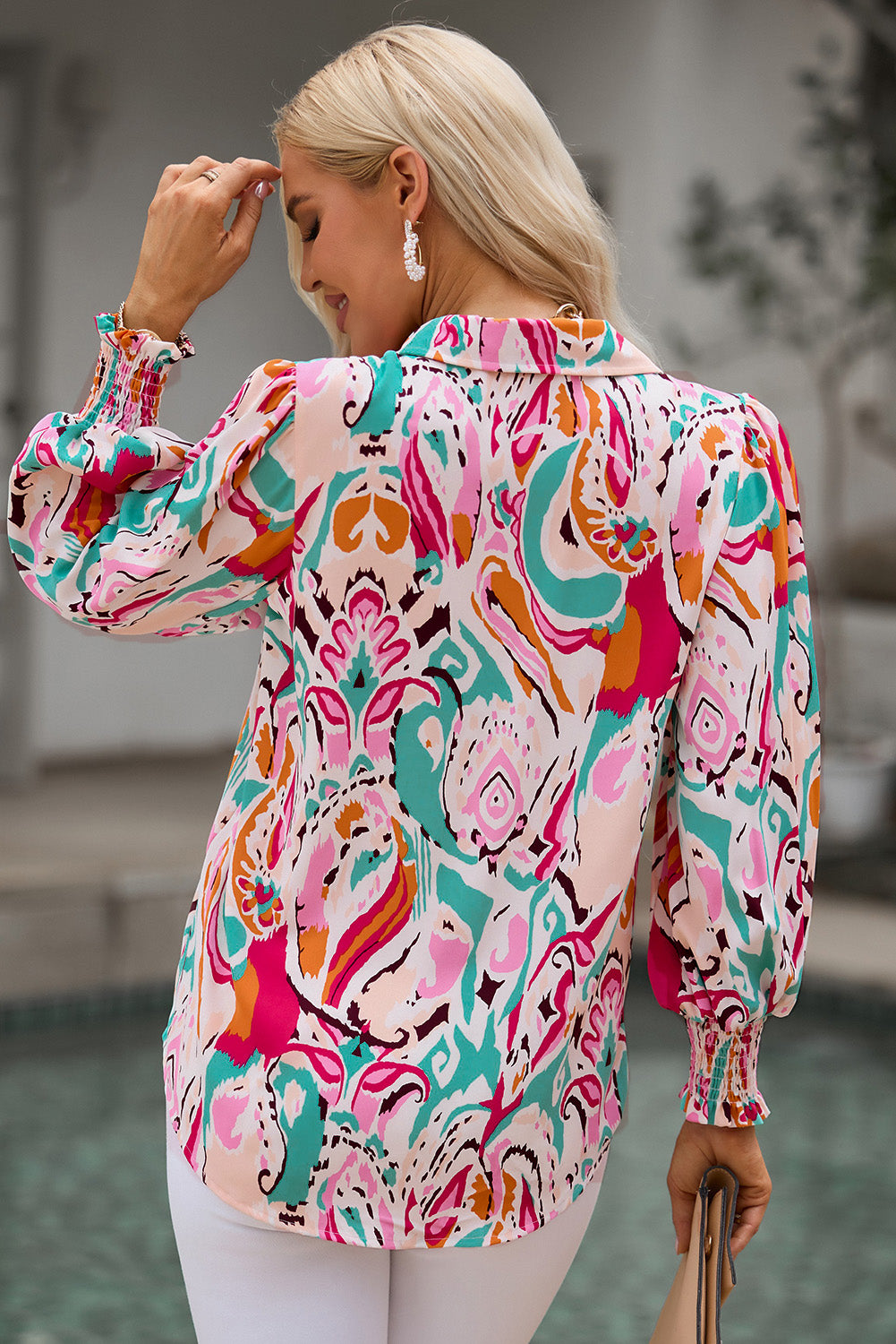 printed puff sleeve collared blouse