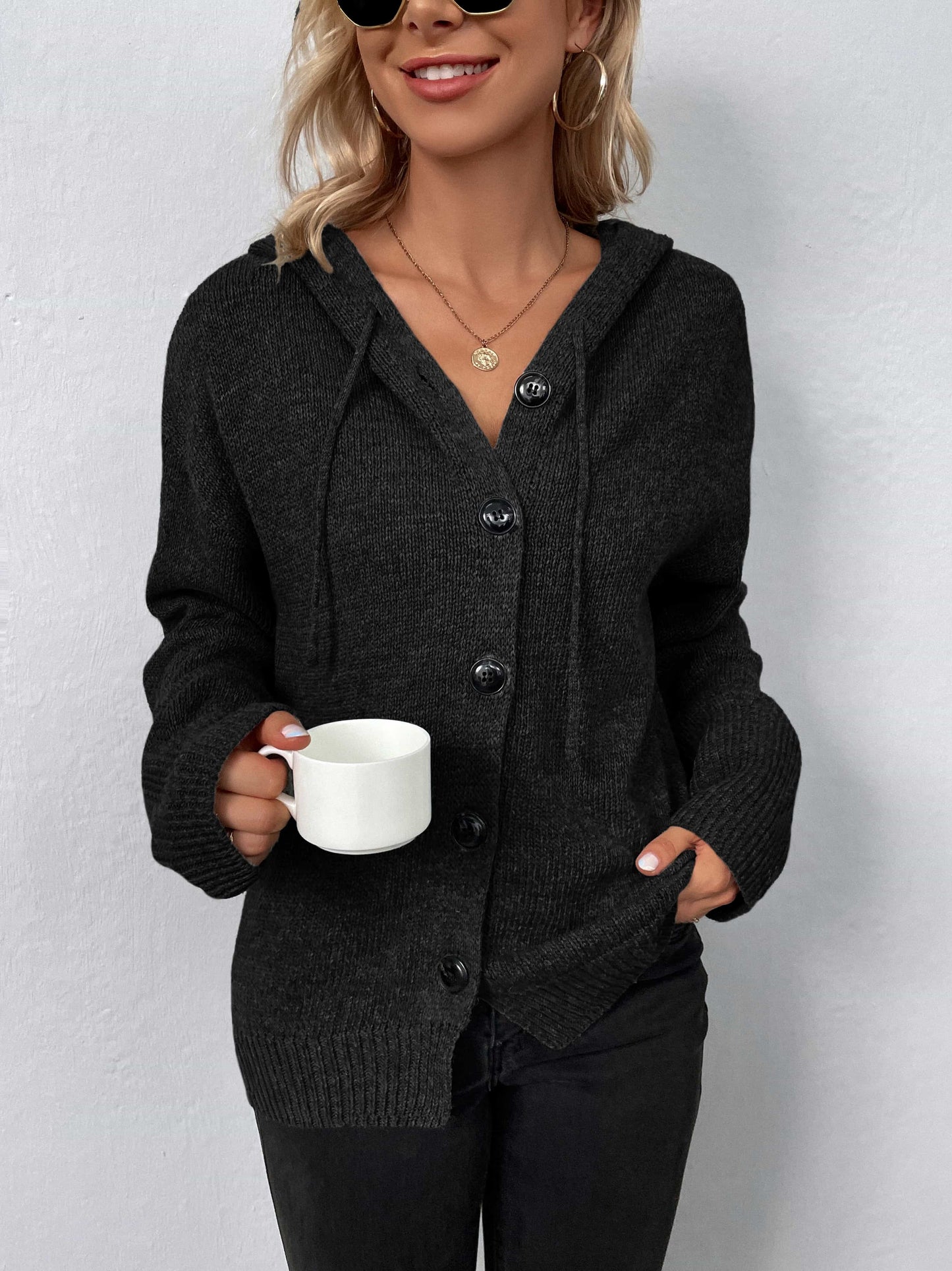 button-down long sleeve hooded sweater