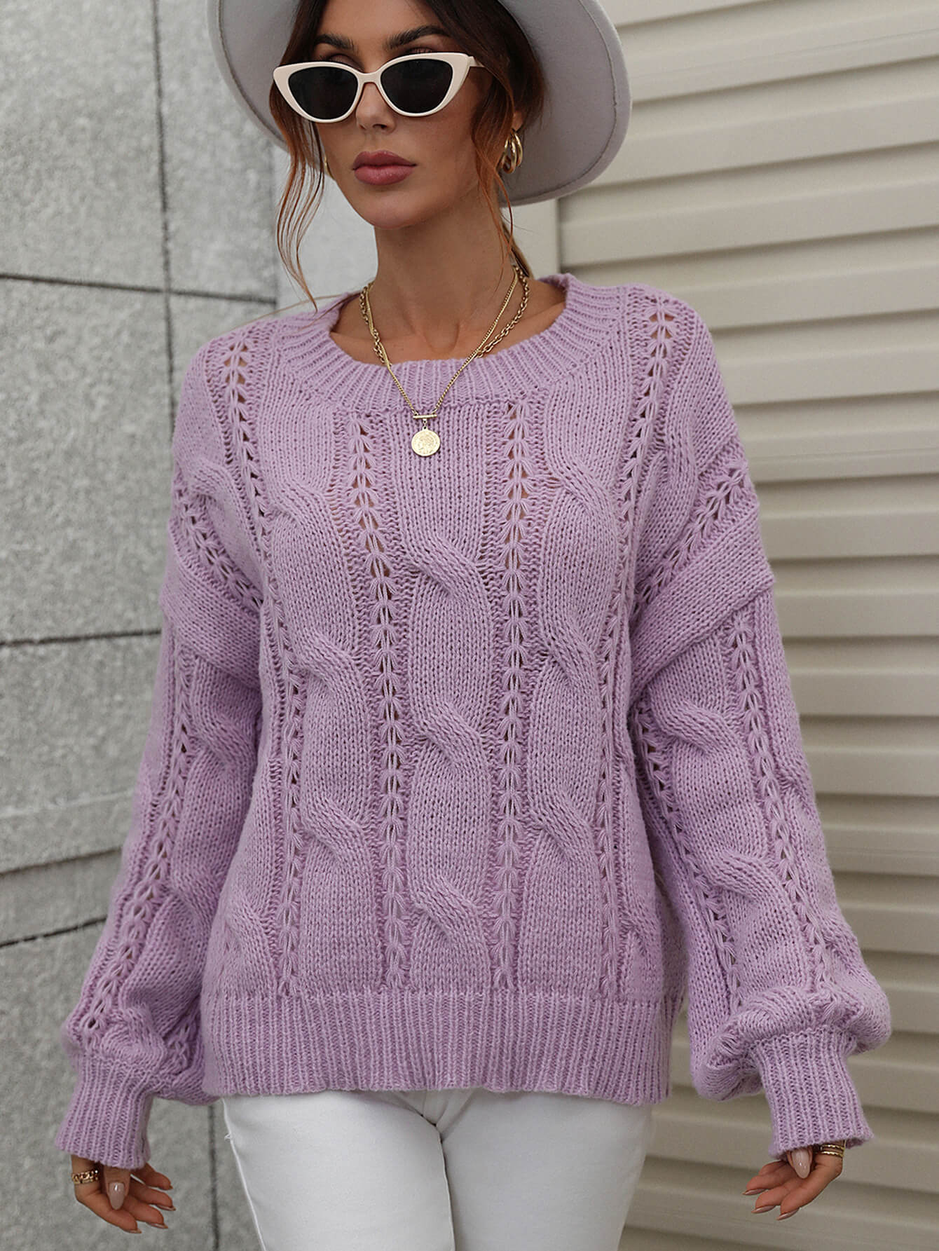 woven right cable-knit openwork round neck sweater