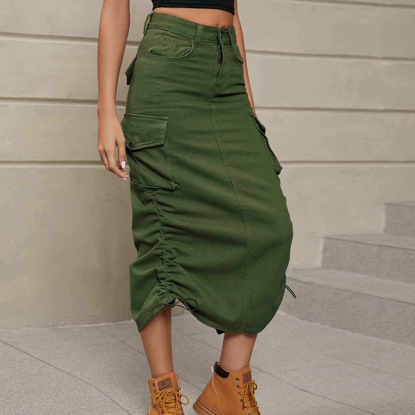 drawstring ruched slit denim midi skirt