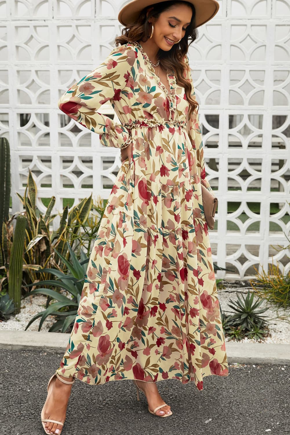 floral frill trim flounce sleeve plunge maxi dress