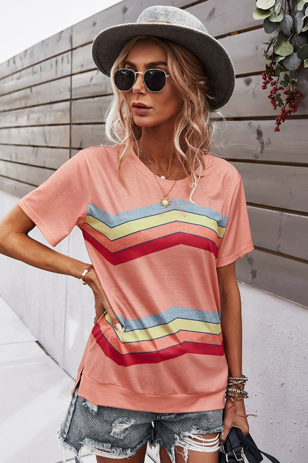 multicolored chevron stripe round neck side slit t-shirt