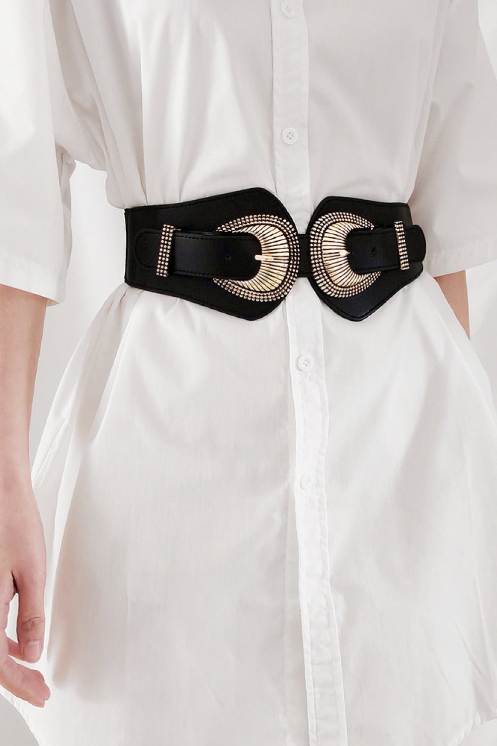 shell double buckle elastic wide belt