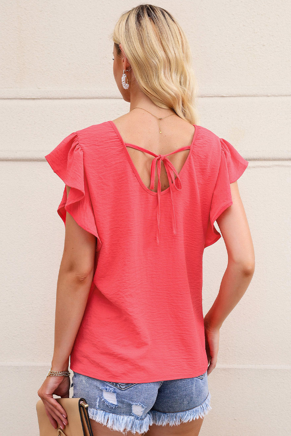 v-neck tied flutter sleeve blouse