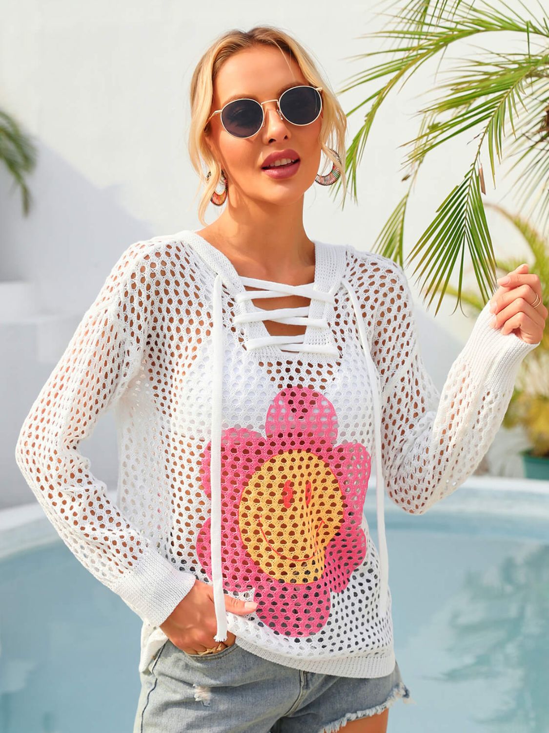 flower graphic lace-up openwork hooded cover up