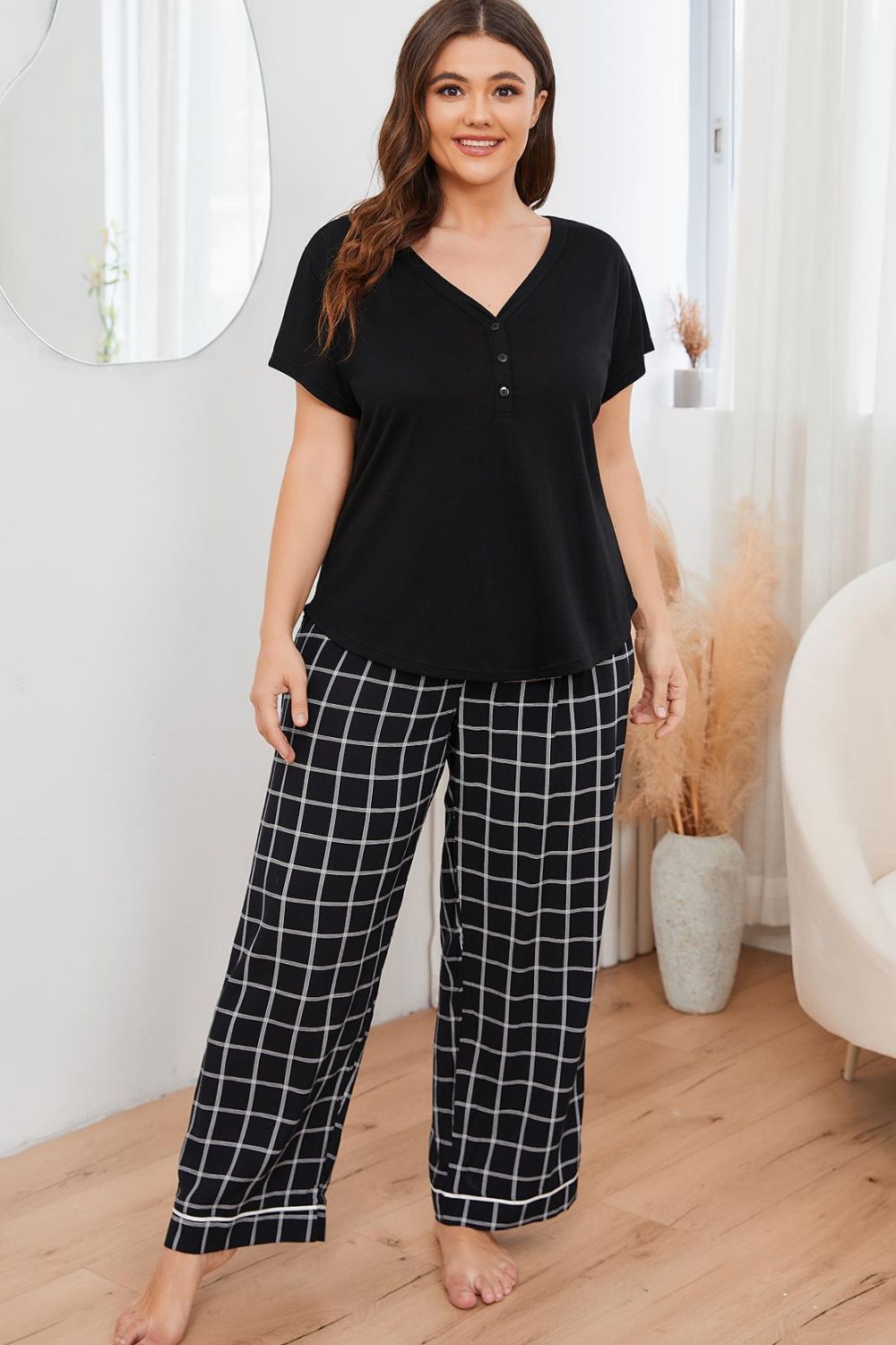 plus size v-neck top and plaid pants lounge set