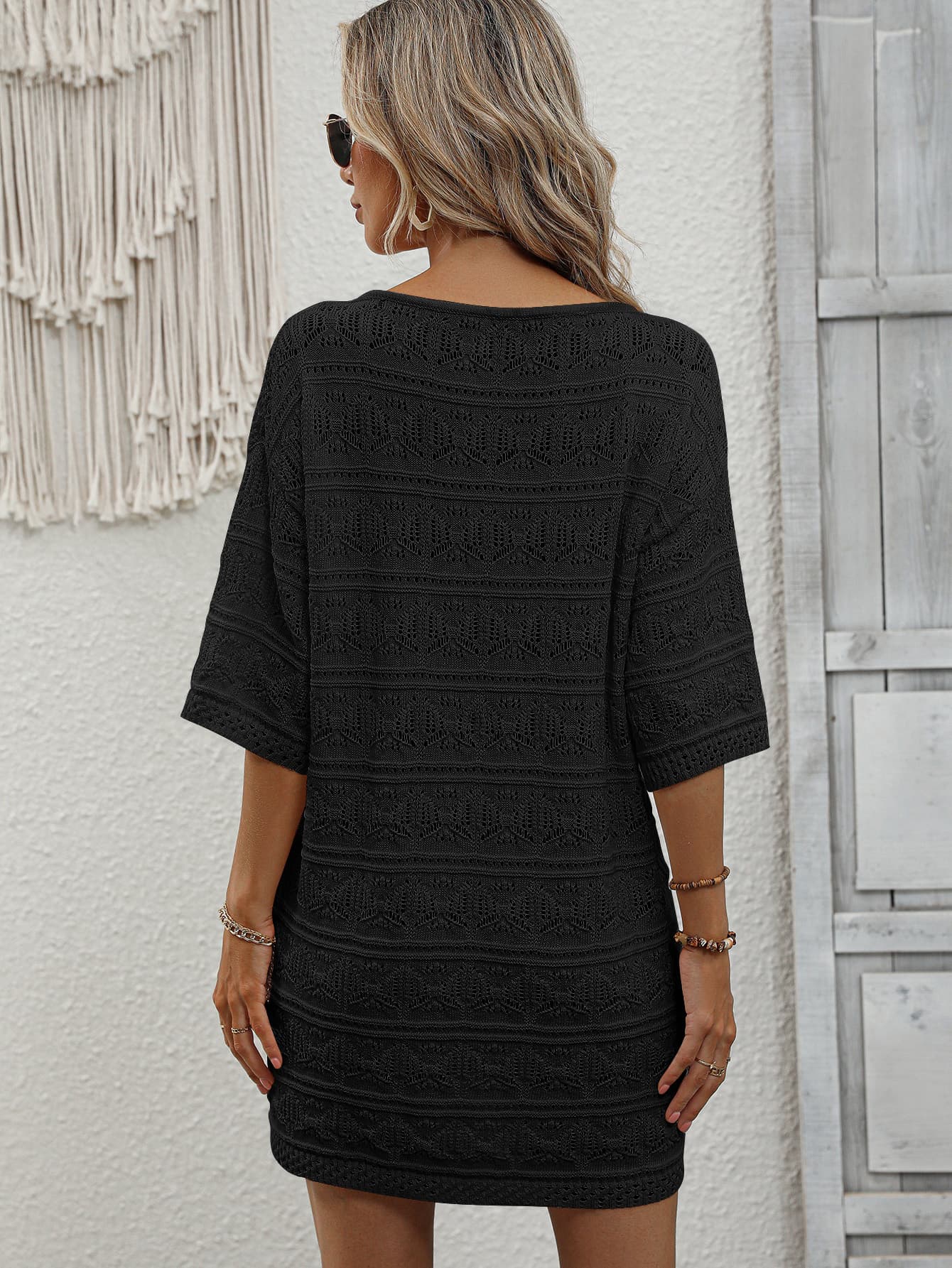 openwork v-neck mini knit dress