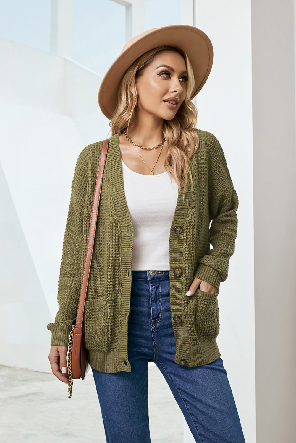 drop shoulder button down pocketed cardigan