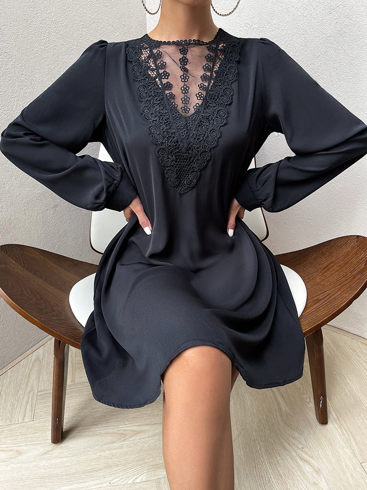 spliced lace puff sleeve mini dress