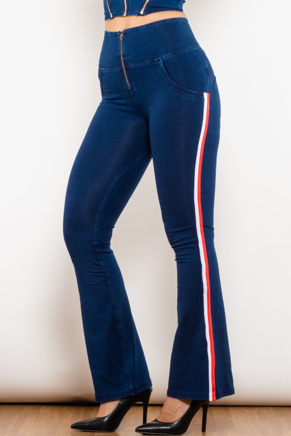 side stripe zip closure bootcut jeans