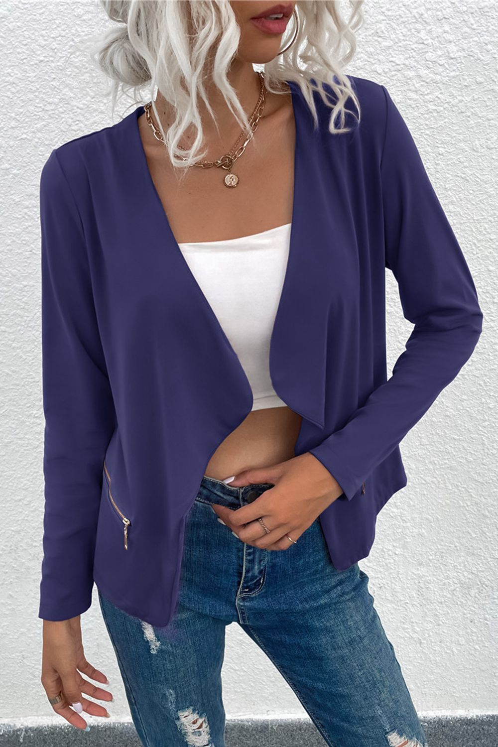 open front zipper pocket cardigan