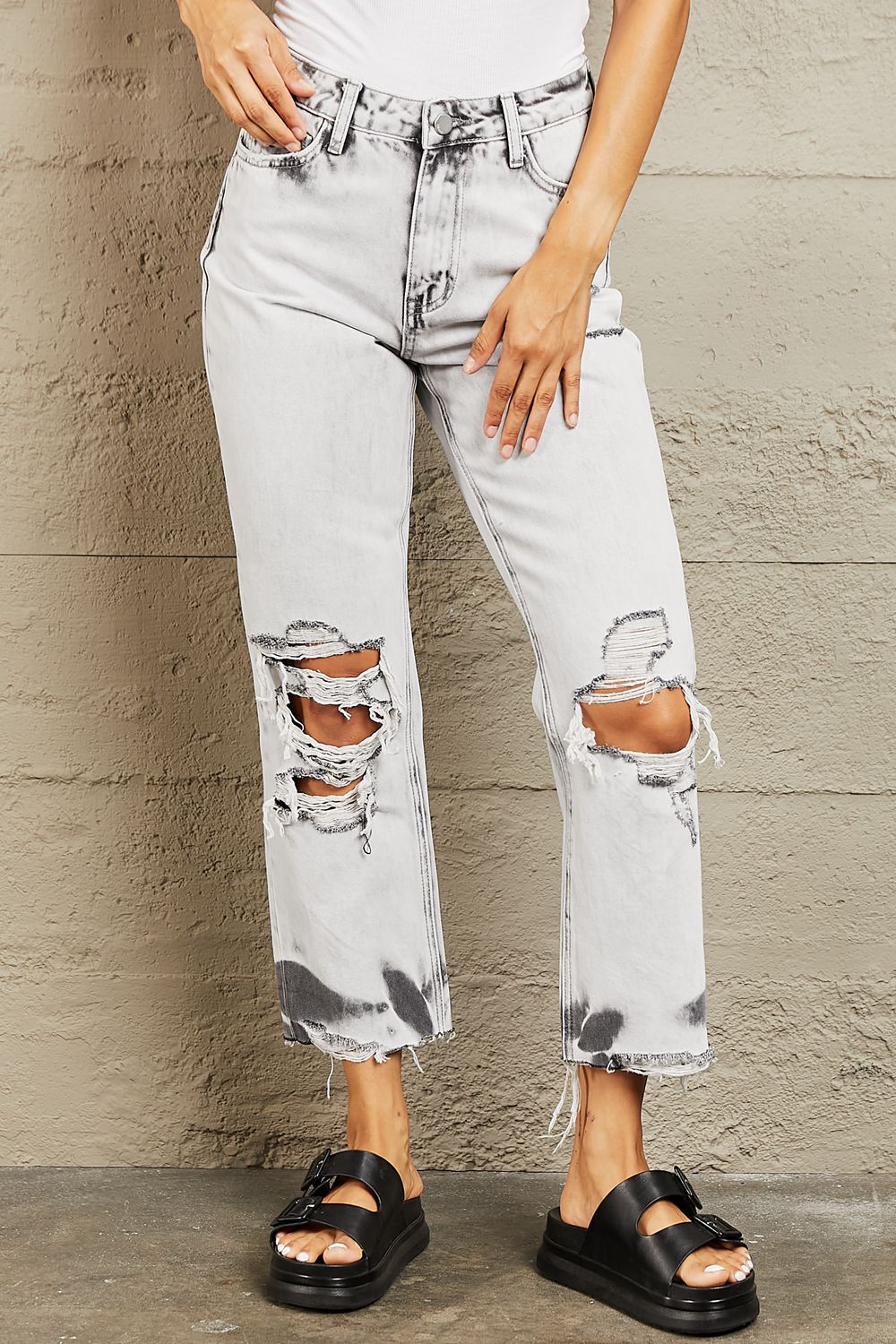 bayeas acid wash accent cropped mom jeans