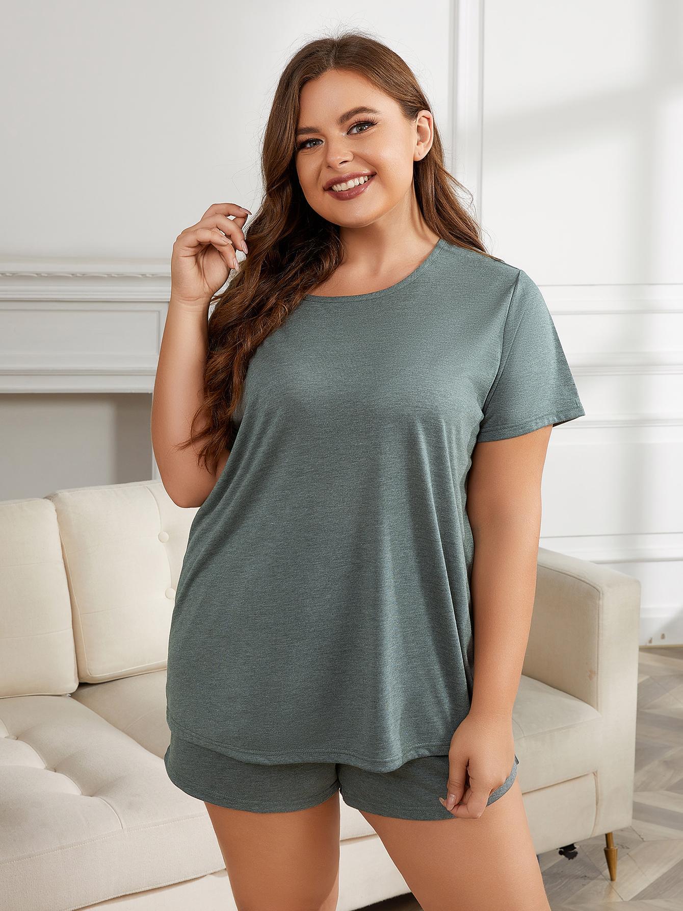 plus size round neck short sleeve two-piece loungewear set