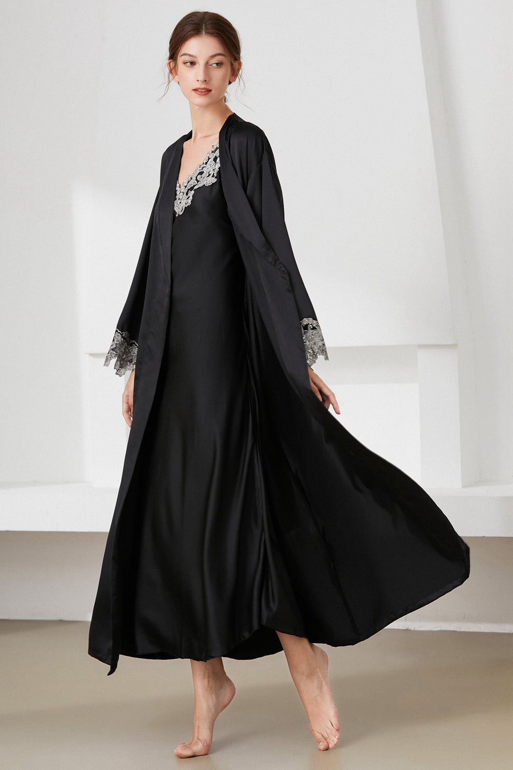 contrast lace trim satin night dress and robe set