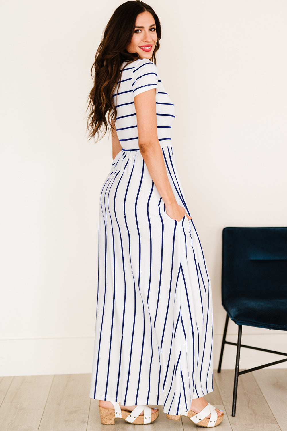 striped short sleeve crewneck maxi dress