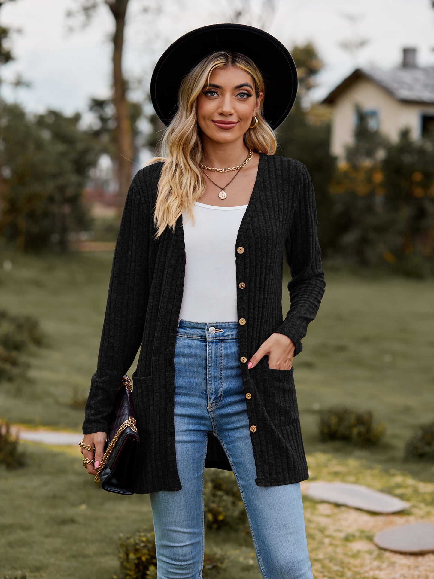 ribbed button-up cardigan with pockets