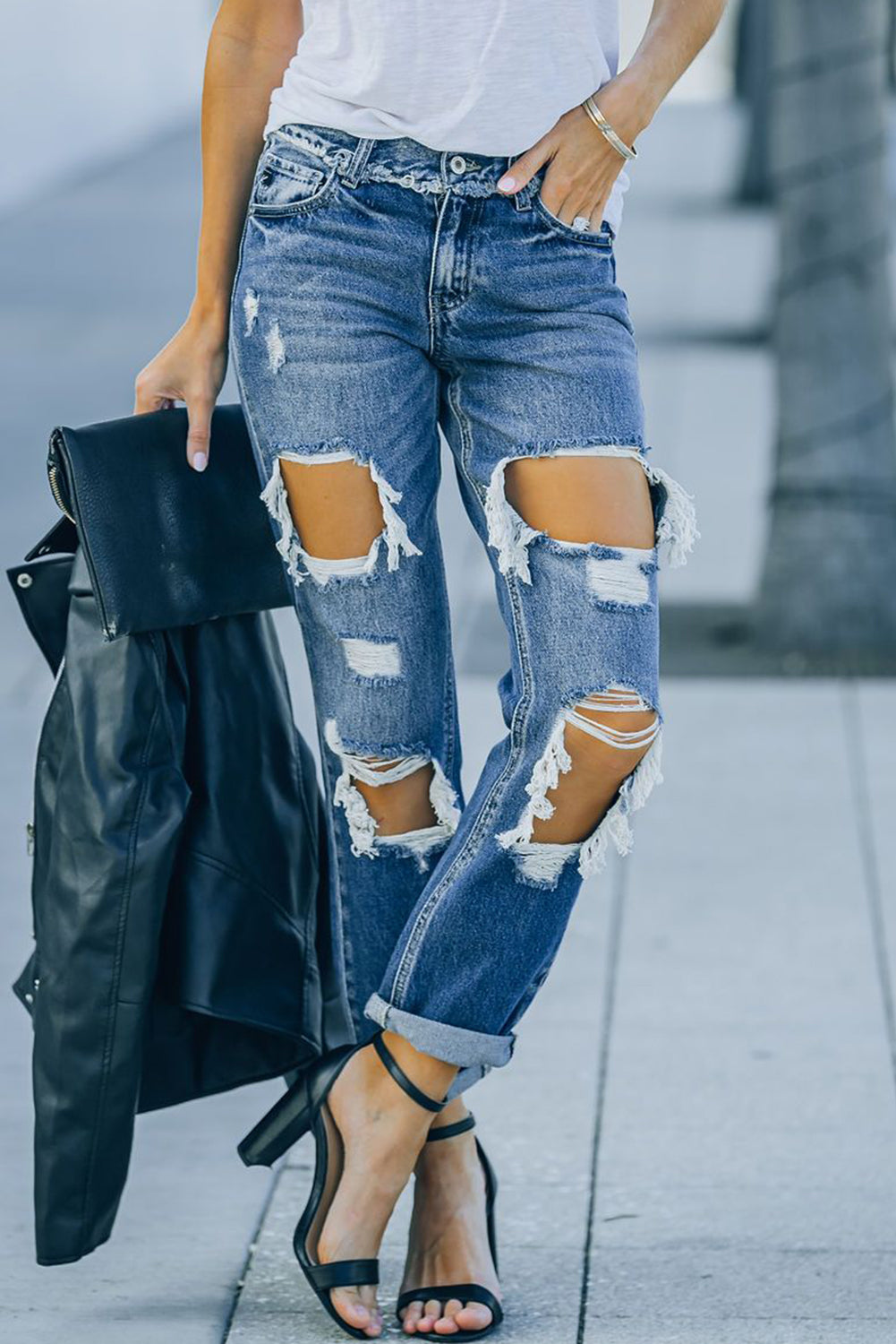 distressed frayed trim straight leg jeans