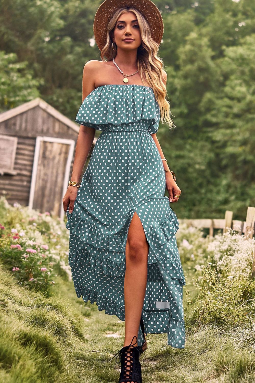 polka dot strapless slit ruffled maxi dress