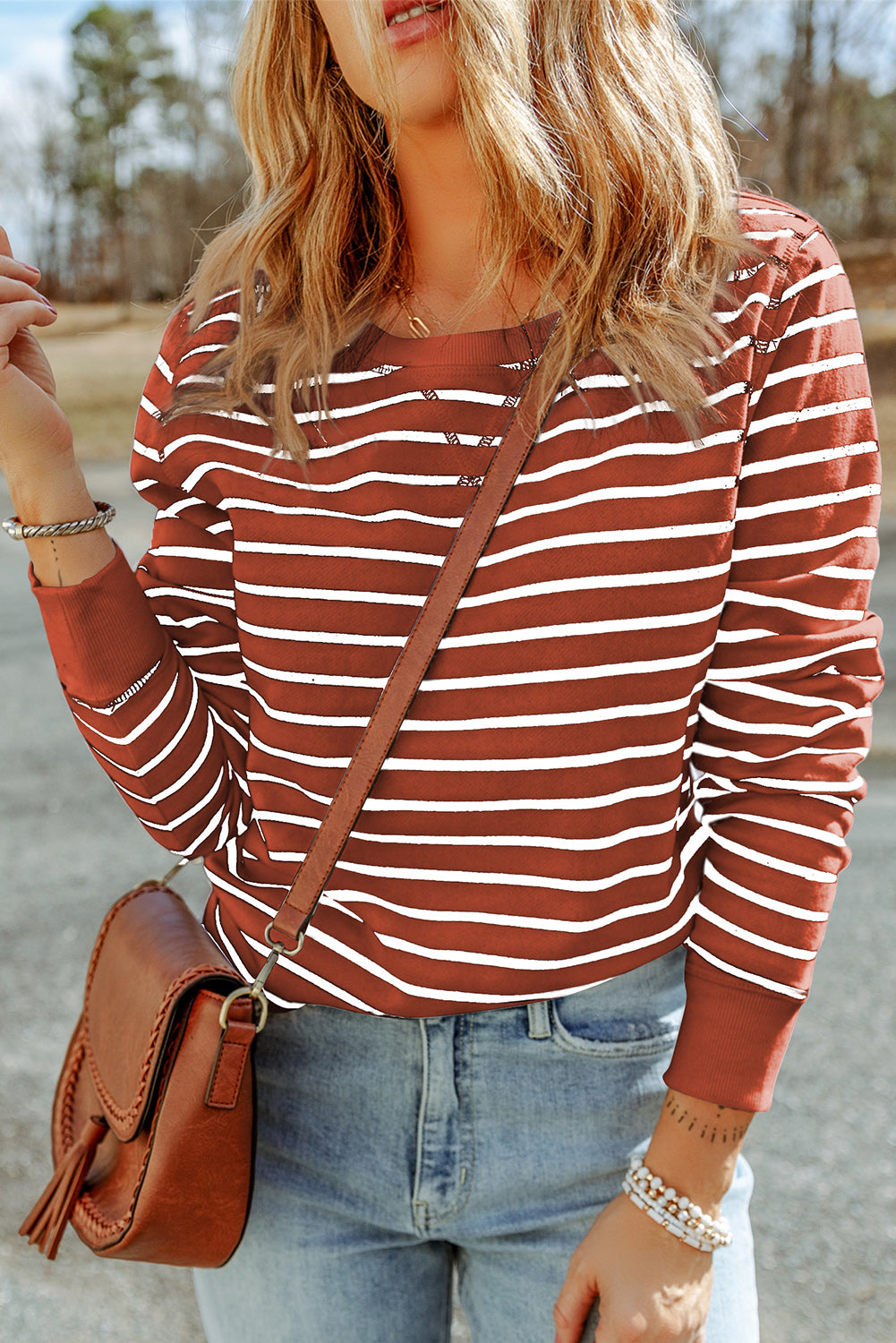 striped long sleeve round neck top