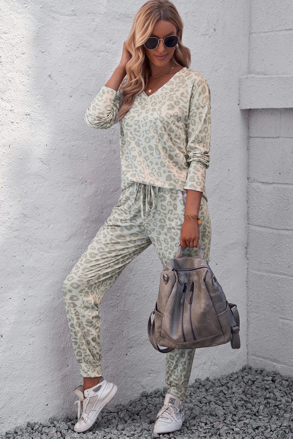 leopard v-neck top and drawstring joggers lounge set