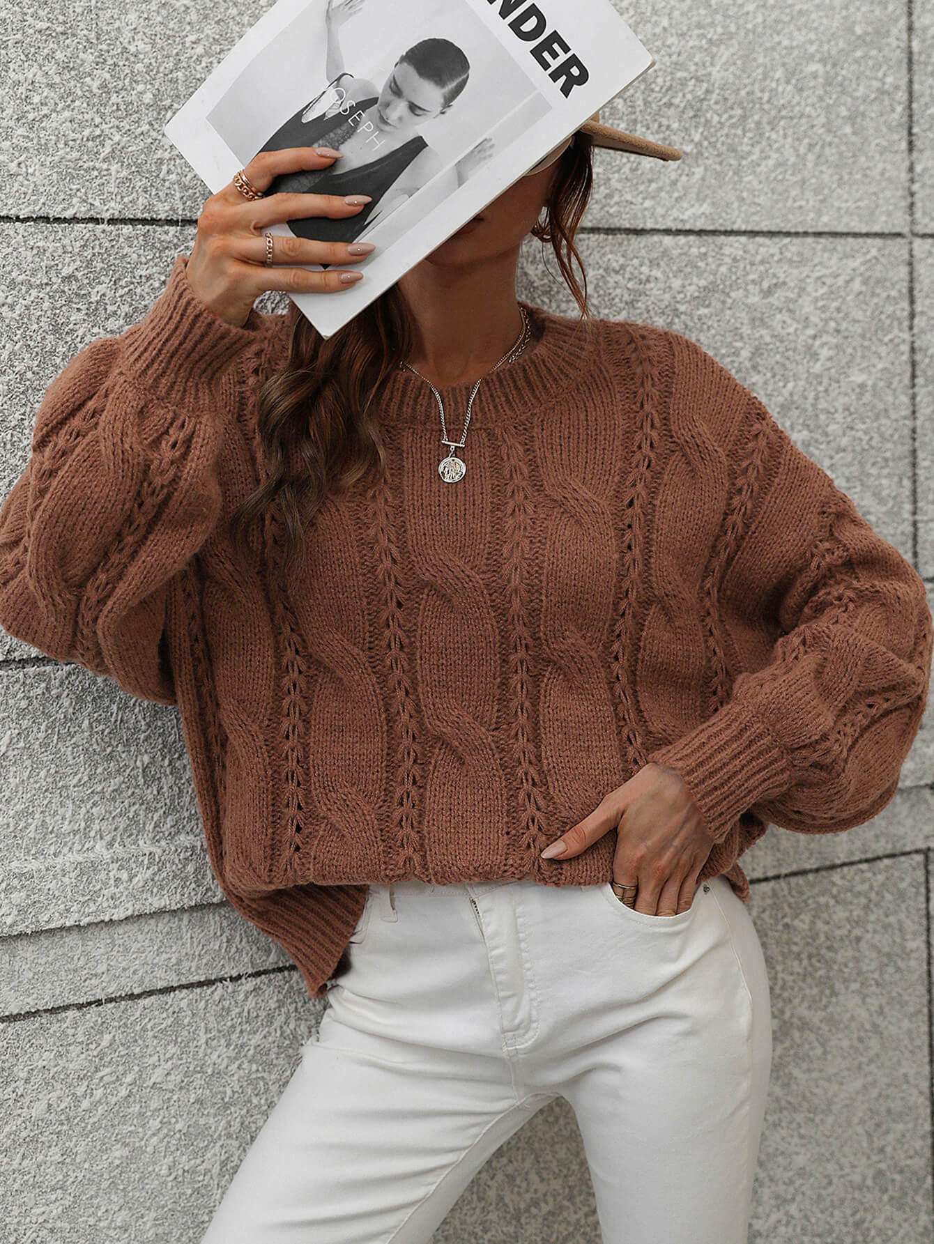 woven right cable-knit openwork round neck sweater