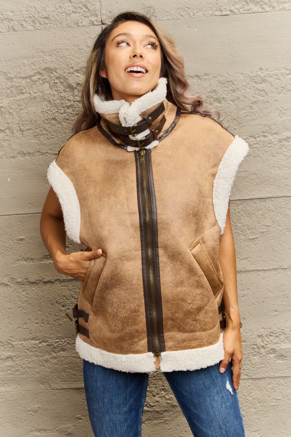 collared zip-up suede sherpa vest