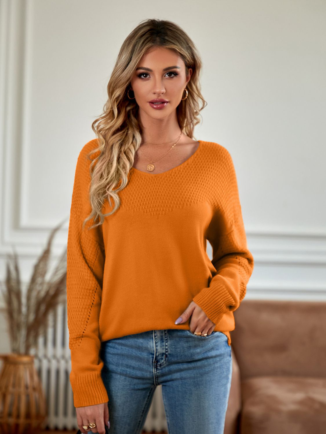 v-neck long sleeve ribbed trim sweater