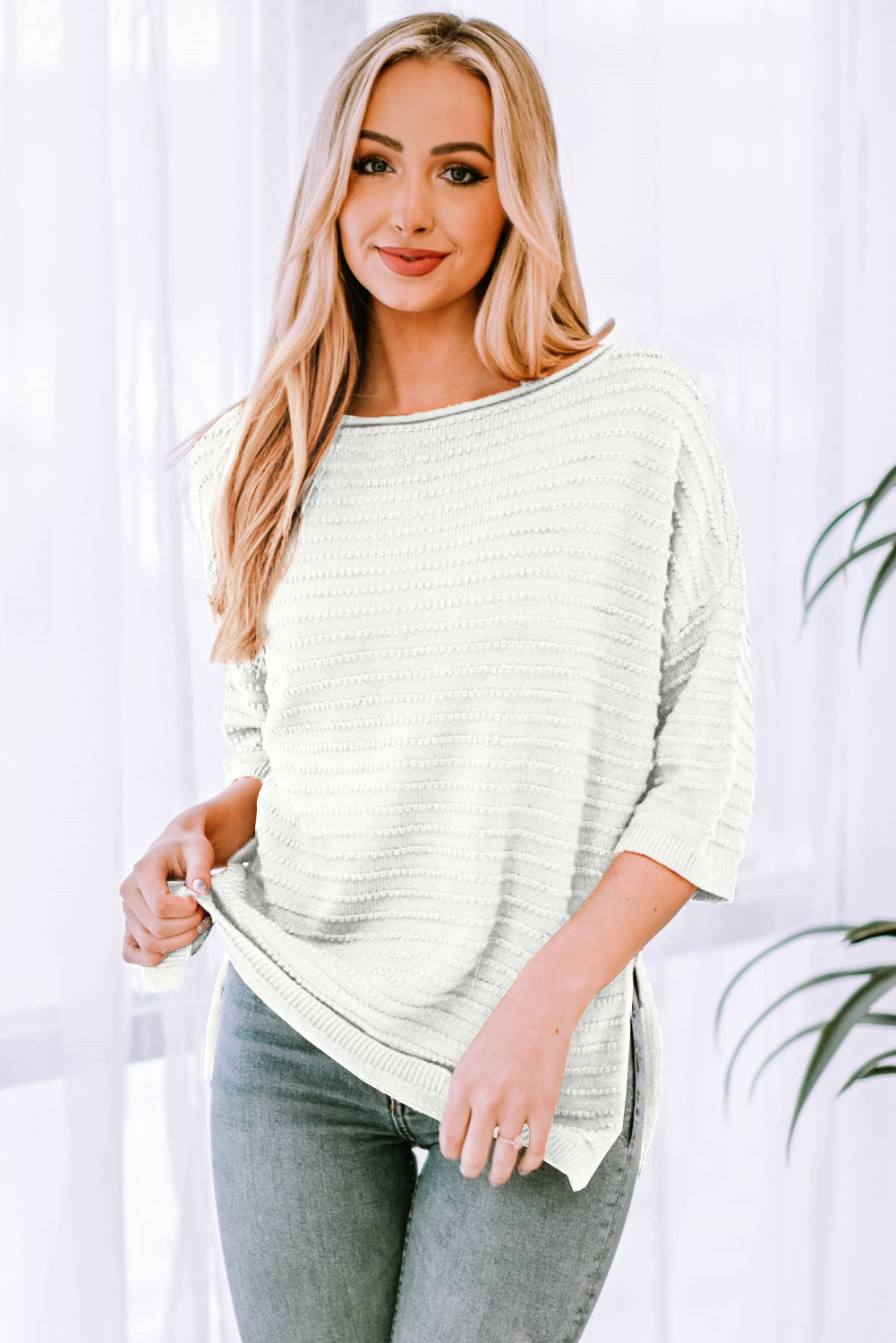 round neck dropped shoulder side slit pullover sweater