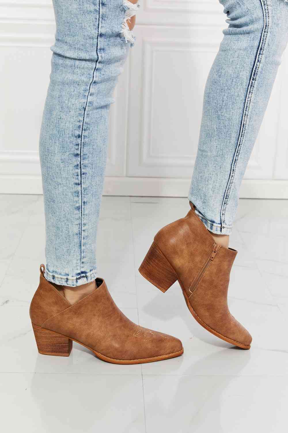 mmshoes trust yourself embroidered crossover cowboy bootie in caramel