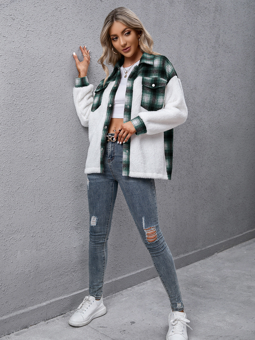 plaid collared neck button down jacket