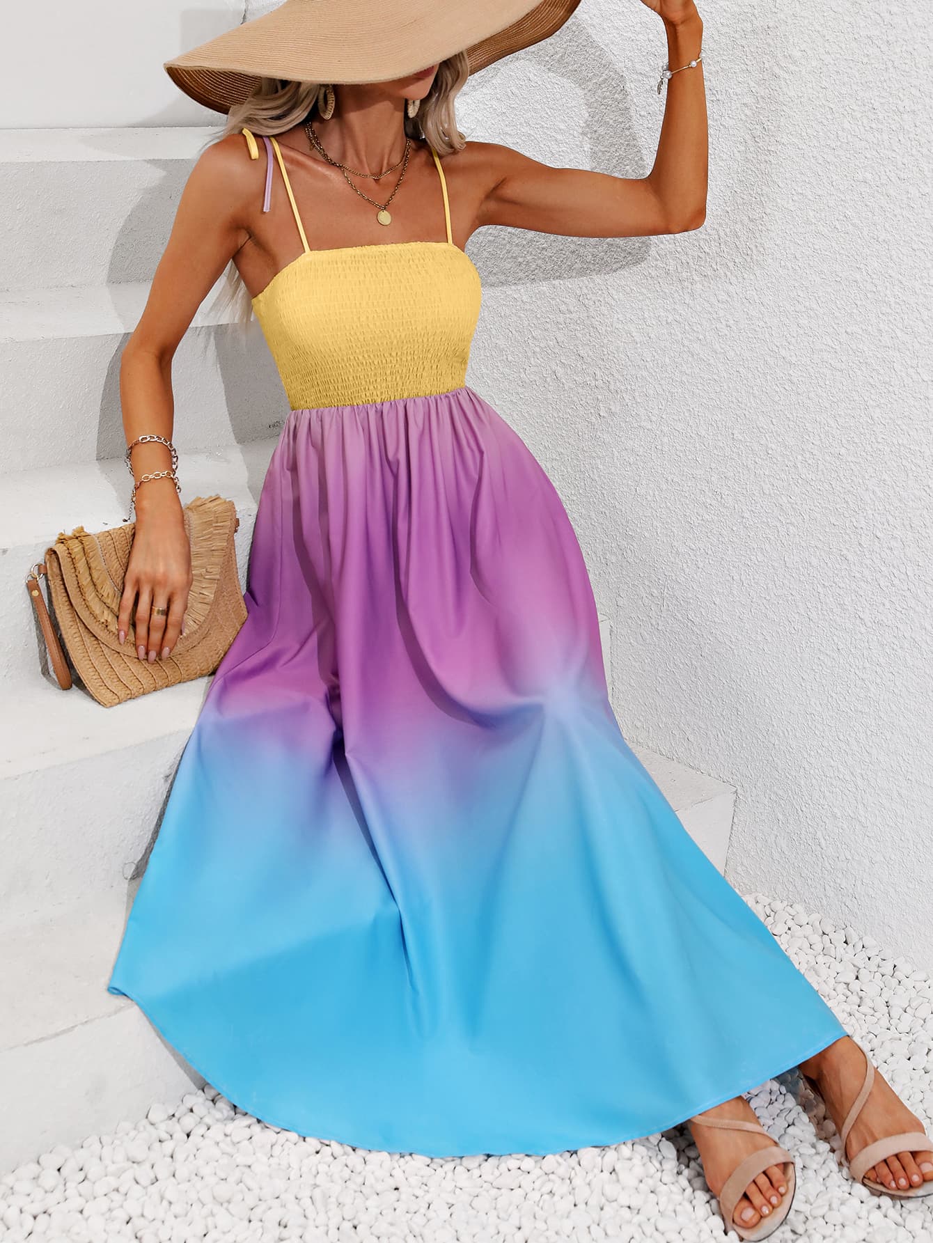 color block tie shoulder smocked maxi dress