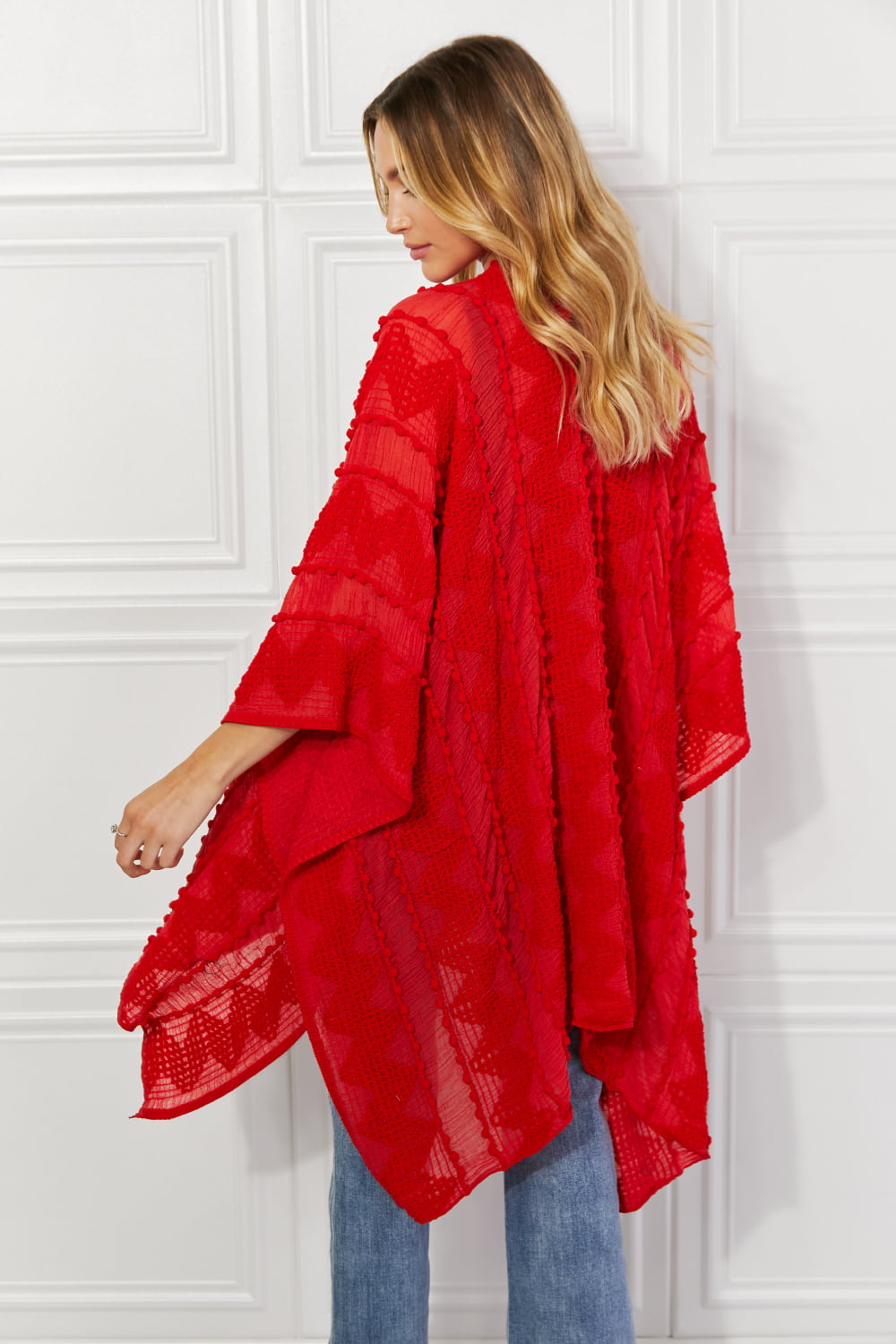 justin taylor pom-pom asymmetrical poncho cardigan in red