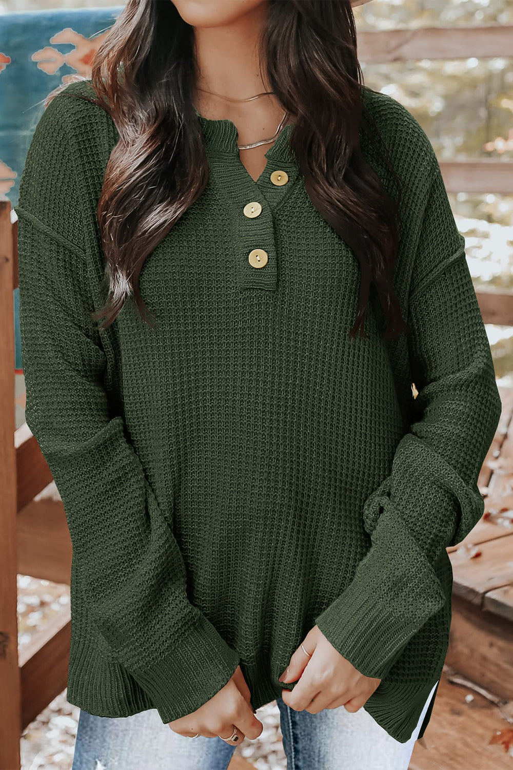 waffle-knit dropped shoulder buttoned sweater