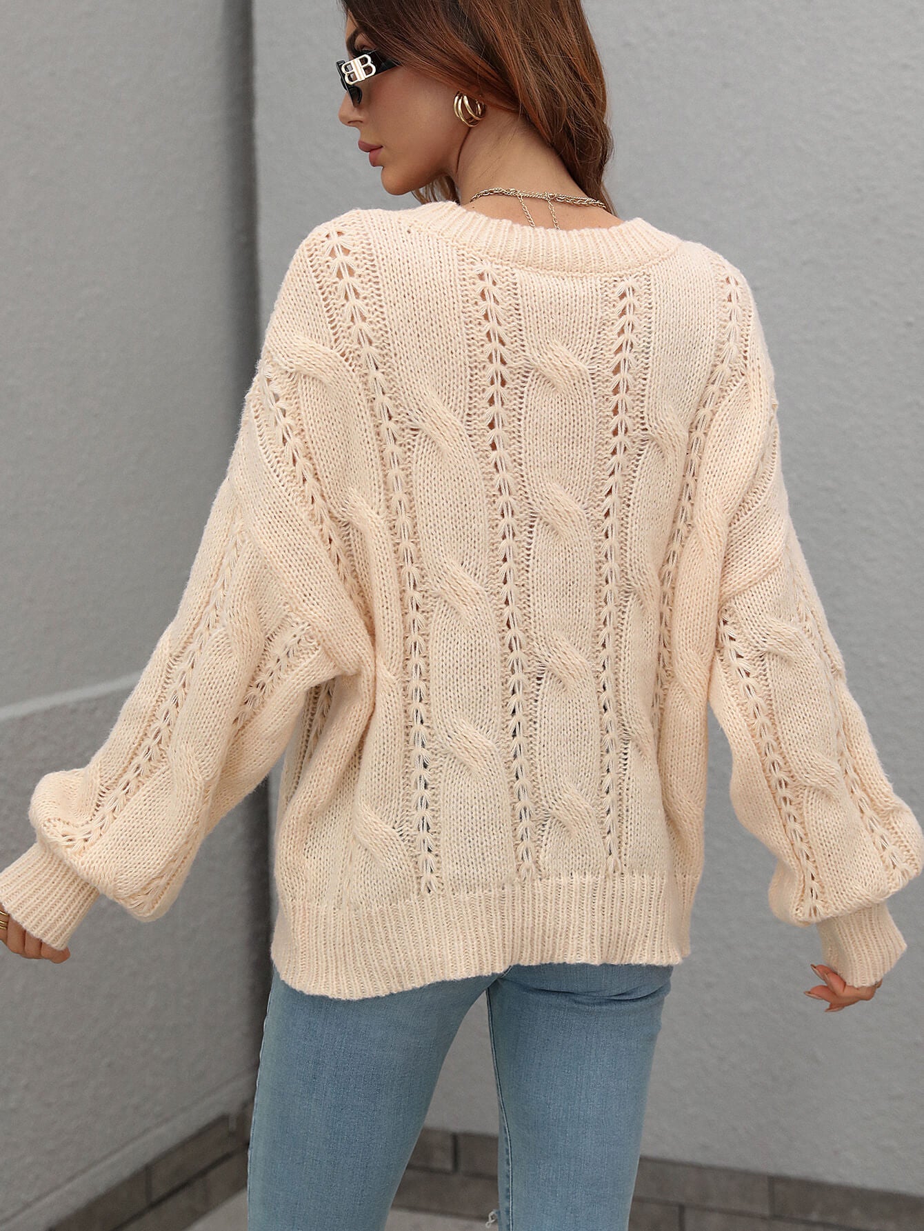 woven right cable-knit openwork round neck sweater