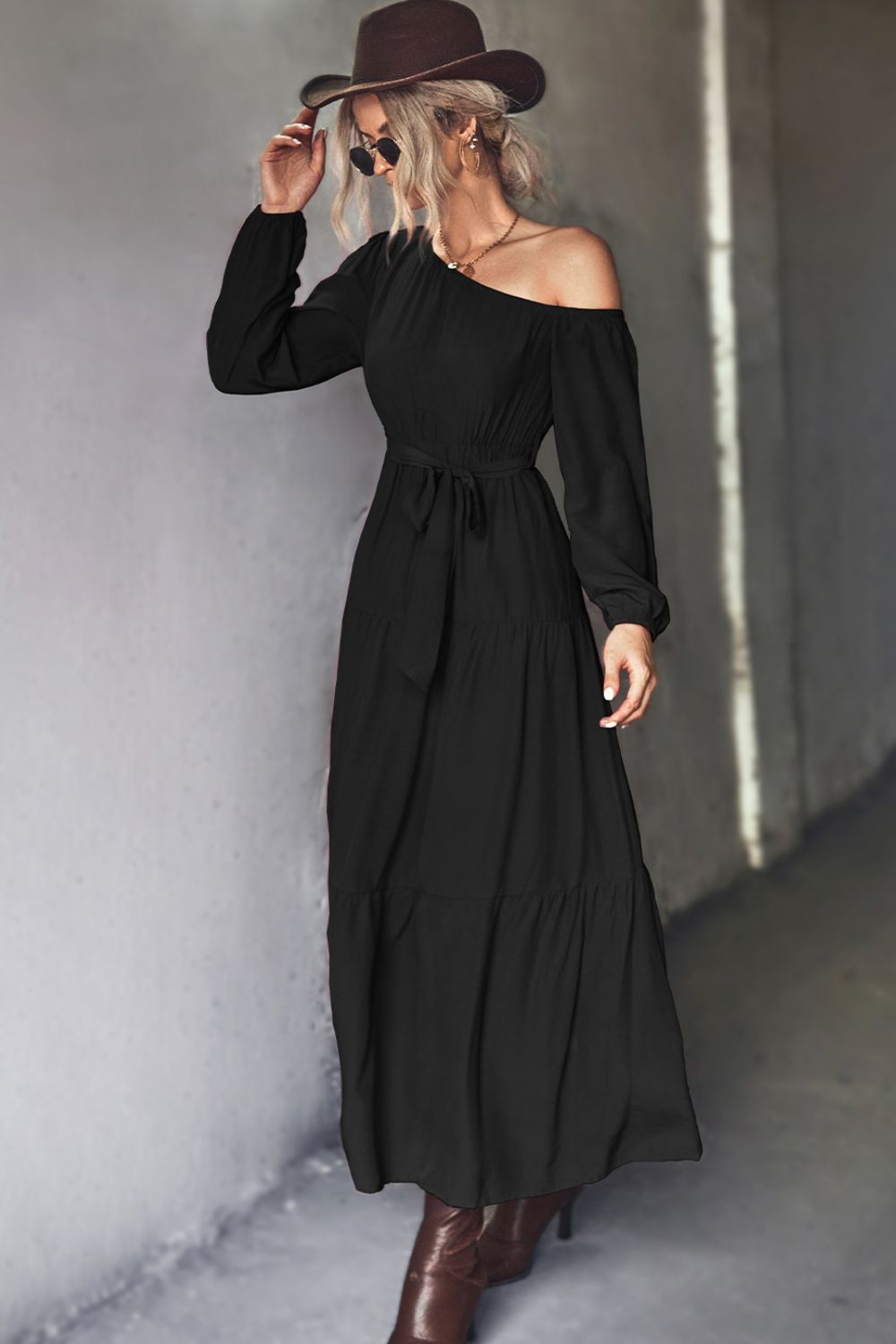 belted one-shoulder tiered maxi dress