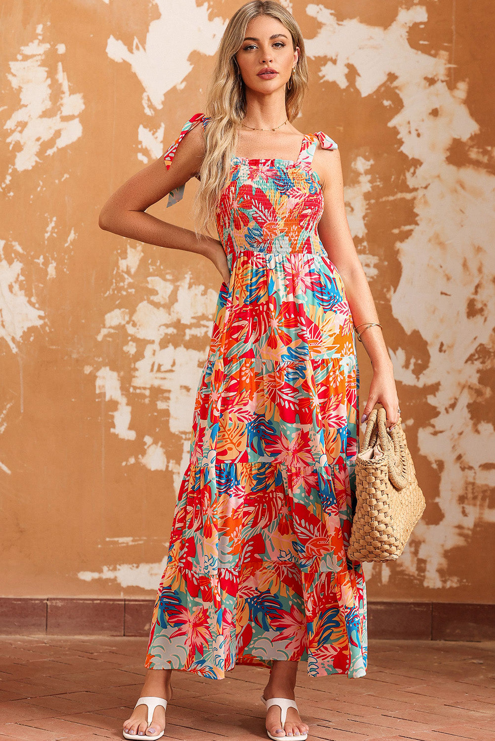 printed tie shoulder smocked tiered maxi dress