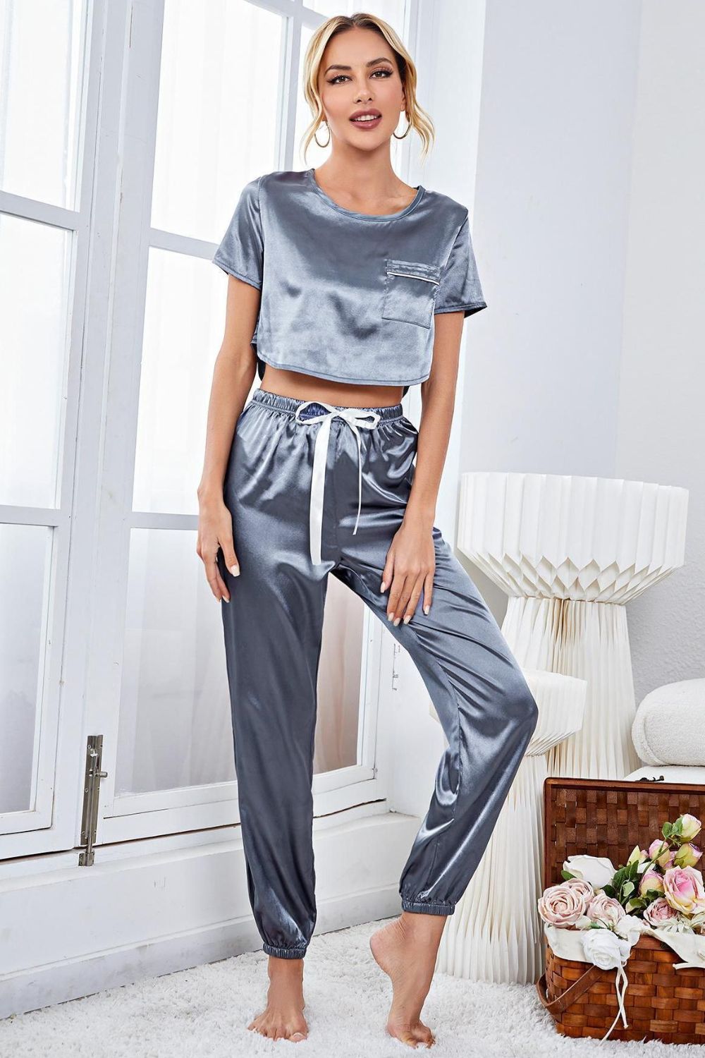 satin short sleeve crop top and joggers lounge set